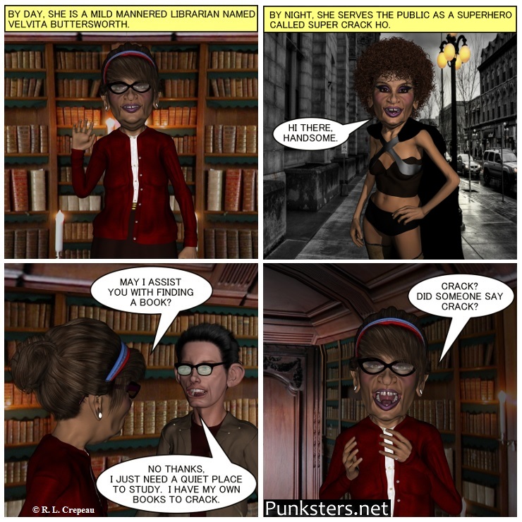 Punksters.net punk rock comic strip # 167 librarian superhero joke