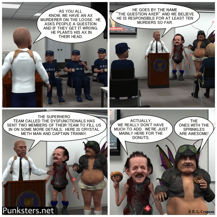 Punksters.net punk rock comic strip # 169 donuts at briefing joke