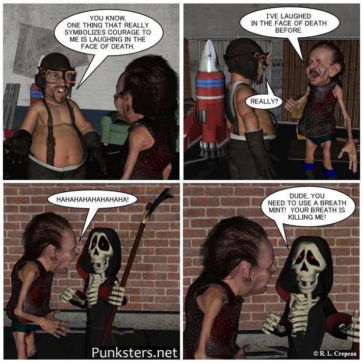 Punksters.net punk rock comic strip # 183 laughing in the face of death joke