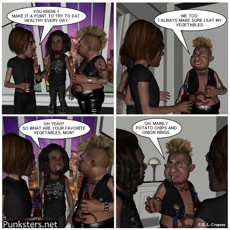 Punksters.net punk rock comic strip # 187 potato chip vegetables  joke