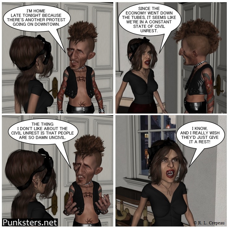 Punksters.net punk rock comic strip # 198 civil unrest joke