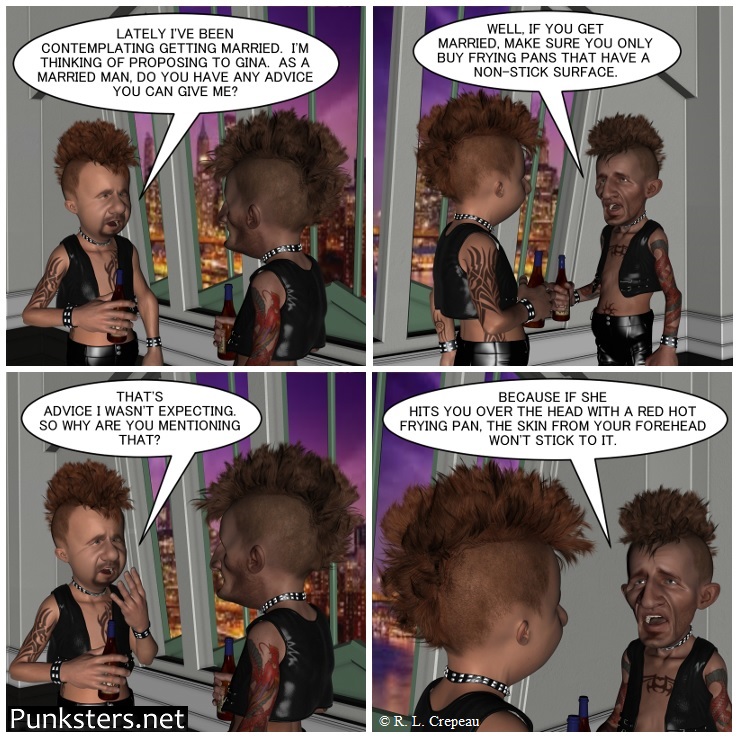 Punksters.net punk rock comic strip # 216 hit on head with hot frying pan joke