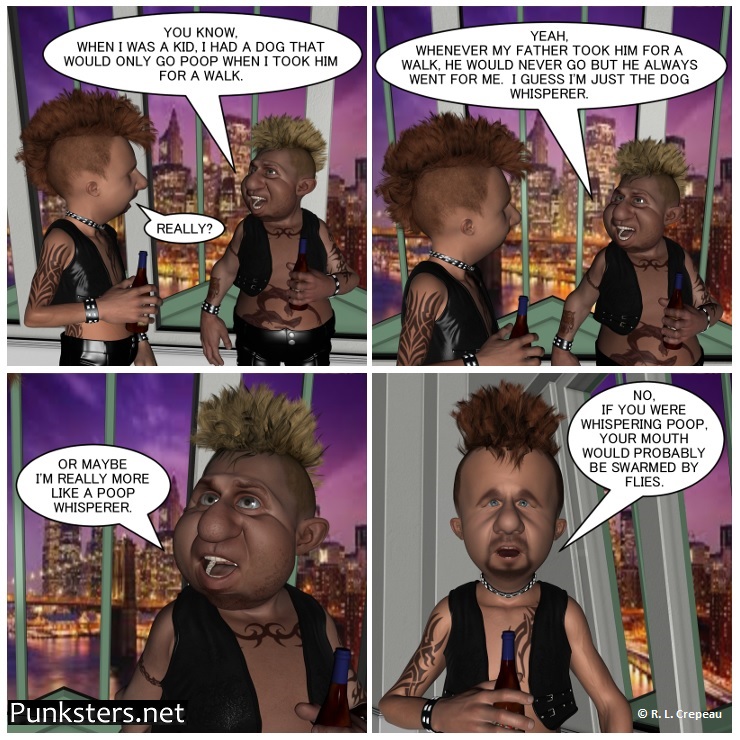 Punksters.net punk rock comic strip # 319 poop whisperer comic strip